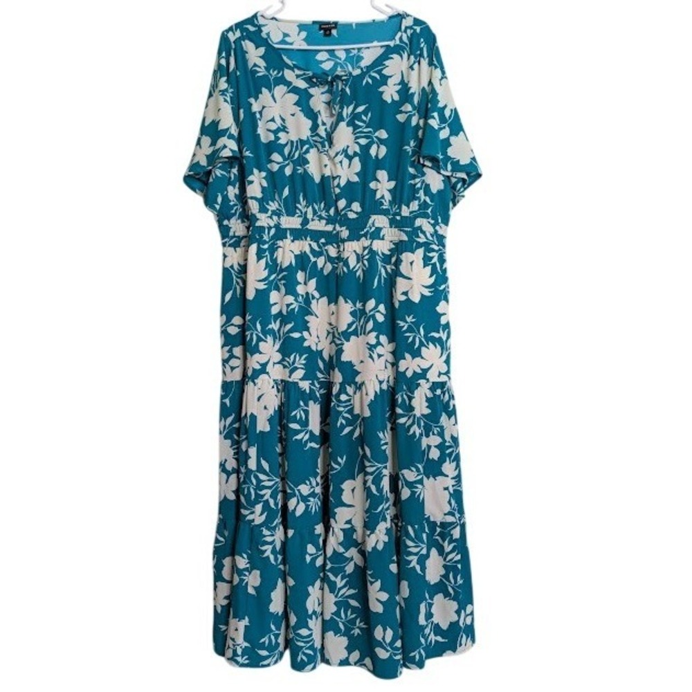 Torrid Womens Plus Size 3X Teal Floral Tiered Elastic‎ Waist Midi Dress Event